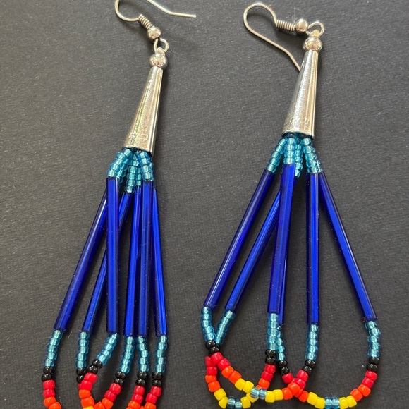 Native American made beaded and sterling silver drop earrings​ - Picture 3 of 5